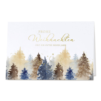 Geschäftliche Weihnachtskarte Tannenbäumen in sanften Pastelltönen & Goldfolie (861.045)