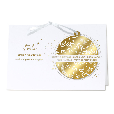 Weiße geschäftliche Weihnachtskarte mit eingesteckter Kugel und Goldfolie (862.004)