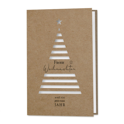 Firmen Weihnachtskarte aus Kraftpapier mit Tannenbaum aus gestreiften Stanzungen (862.006)