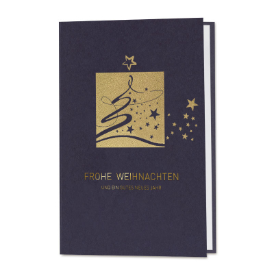 Blaue Firmen Weihnachtskarte mit Tannenbaum-Porträt mit Goldfolie (862.012)