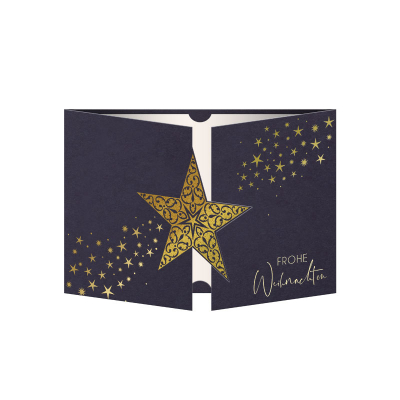 Blaue Firmen Weihnachtskarte mit Stern und Altarfalz und Goldfolie (862.018)