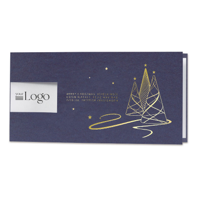 Dunkelblaue Weihnachtskarte mit Tannenbäumen und Fensterstanzung (863.002)
