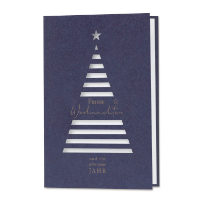 Blaue Firmen Weihnachtskarte mit Tannenbaum aus gestreiften Stanzungen (863.005)
