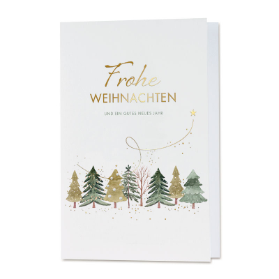 Weiße Firmen Weihnachtskarte mit Weihnachtsbäumen|Goldfolie (863.014)