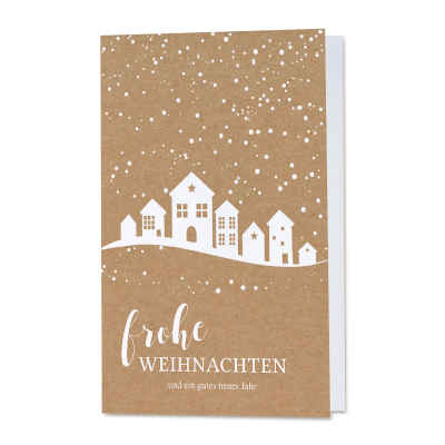 Weihnachtskarte in Kraftpapierlook mit Häusern in winterlicher Idylle (863.015)