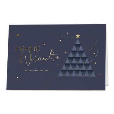 Blaue Firmen Weihnachtskarte mit modernem Tannenbaum | Goldfolie (863.023)