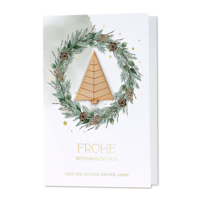 Weiße Firmen Weihnachtskarte mit Tannenbaum-Applikation aus Holz | Goldfolie (863.064)