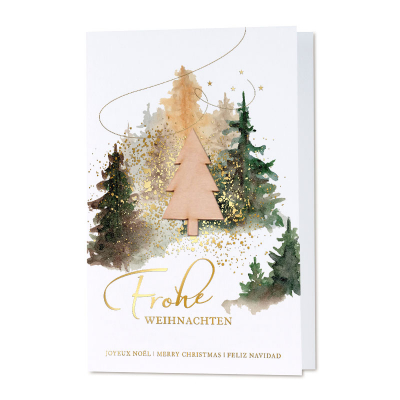 Firmen Weihnachtskarte mit Tannenbaum-Applikation aus Holz | Goldfolie (863.068)