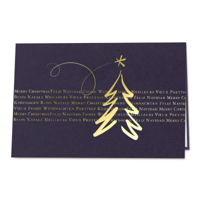 Blaue internationale Weihnachtskarte mit Tannenbaum-Tattoo|Goldfolie  (864.001)