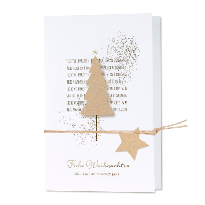 Internationale Weihnachtskarte mit Tannenbaum und Sternanhänger|Kraftlook (864.003)