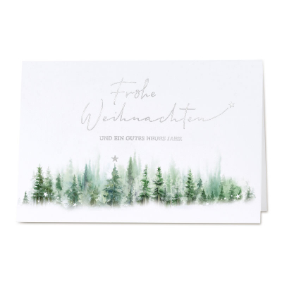 Weiße Firmen Weihnachtskarte mit malerischem Weihnachtswald|Silberfolie (864.004)