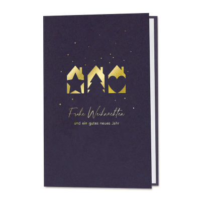 Blaue Firmen Weihnachtskarte mit Hausmotiven|Goldfolie  (864.008)