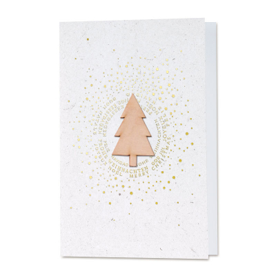Weiße Marmor-Weihnachtskarte mit aufgeklebtem Holzbaum|Goldfolie (864.010)