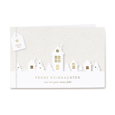 Firmen Weihnachtskarte mit Winterdorf bei Nacht im Querformat|Goldfolie (864.011)