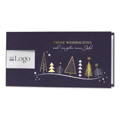 Dunkelblaue Firmen Weihnachtskarte mit Tannenbäumen | Gold- und Silberfolie (864.016)