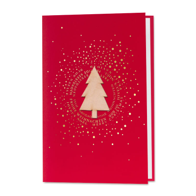 Internationale rote Weihnachtskarte Tannenbaum-Applikation aus Holz|Goldfolie  (864.020)