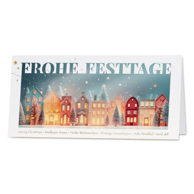 Internationale Firmen Weihnachtskarte mit funkelnder Stadt bei Nacht|Goldfolie (864.026)