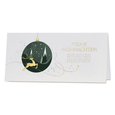 Weiße Firmen Weihnachtskarte 'Weihnachtskugel und Hirsch'|Goldfolie (864.052)