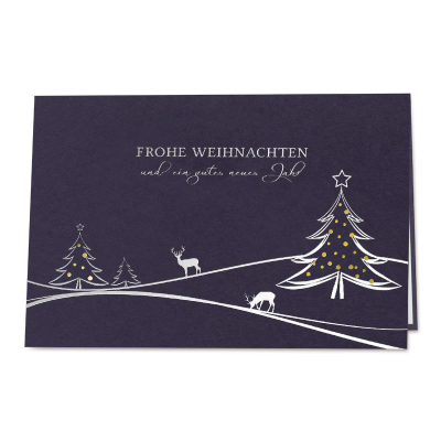 Dunkelblaue Weihnachtskarte mit Waldlichtung und Hirschen|Silber- und Goldfolie (864.054)