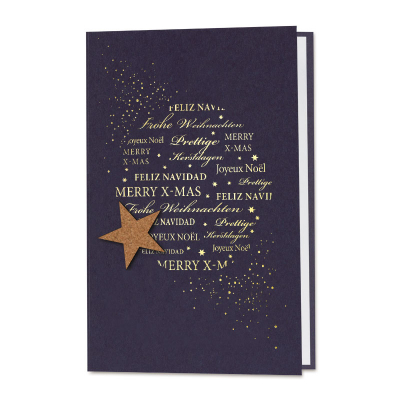Blaue Firmen Weihnachtskarte mit aufgeklebtem Stern aus Kork|Goldfolie (864.056)