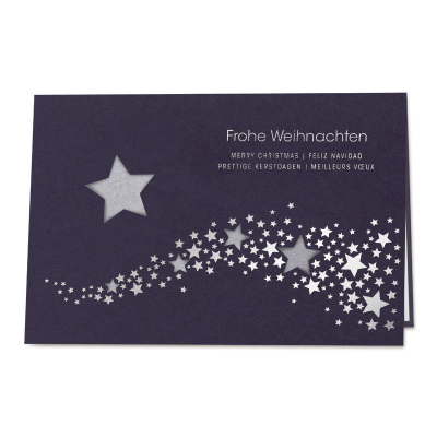 Blaue Firmen Weihnachtskarte mit Sternenhimmel und Stanzung|Silberfolie (864.058)