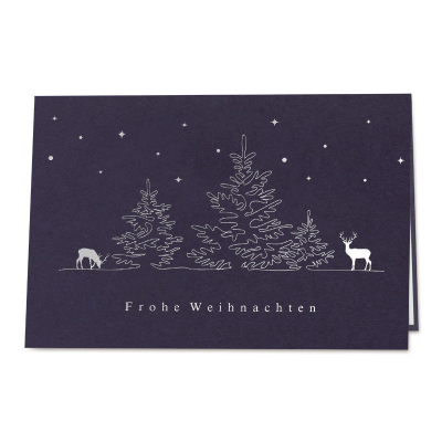 Dunkelblaue Weihnachtskarte mit Waldmotiv und Hirschen|Silberfolie (864.062)
