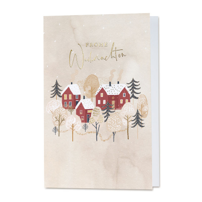 Firmen Marmor-Weihnachtskarte mit rotem Weihnachtsdorf|Goldfolie (864.083)