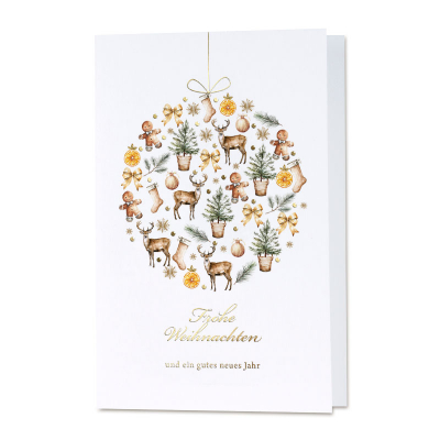 Firmen Weihnachtskarte mit Weihnachtskugel und Wintermustern|Goldfolie (864.085)