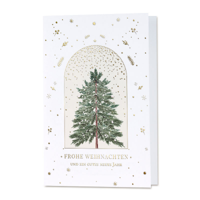 Firmen Weihnachtskarte mit Fensterbogen und Tannenbaum| Goldfolie (864.088)