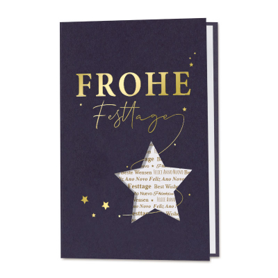 Blaue Firmen Weihnachtskarte mit ausgestanztem Stern | Goldfolie (865.004)