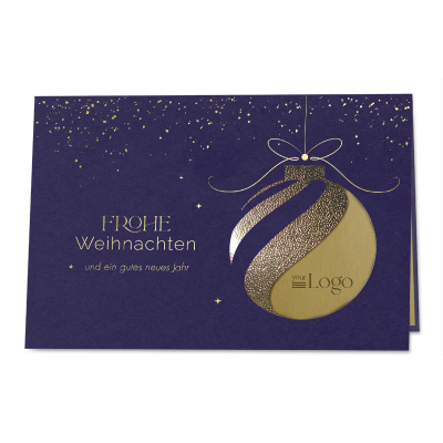 Blaue Firmen Weihnachtskarte mit ausgestanzter Weihnachtskugel | Goldfolie (865.013)