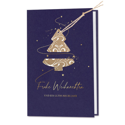 Blaue geschäftliche Weihnachtskarte mit eingestecktem Tannenbaum | Goldfolie (865.015)