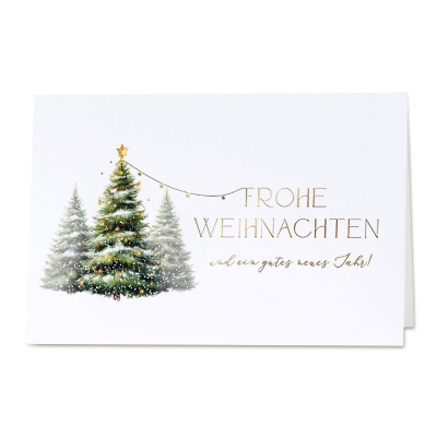 Firmen Weihnachtskarte mit Tannenbäumen und Sternengirlande in Goldfolie (865.016)