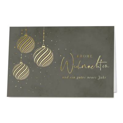 Graugrüne Firmen Weihnachtskarte mit Weihnachtskugeln in Goldfolie (865.019)