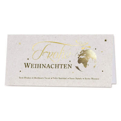 Internationale Firmen Weihnachtskarte in Naturpapierlook mit Weltkugel in Goldfo (865.022)