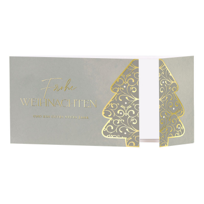 Graugrüne Firmen Weihnachtskarte mit Tannenbaum, Altarfalz und Goldfolienprägung (865.026)