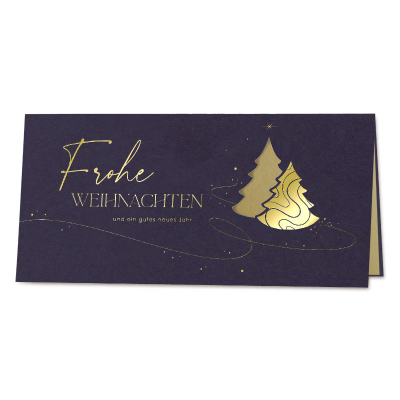 Blaue geschäftliche Weihnachtskarte mit ausgestanztem Tannenbaum | Goldfolie (865.030)