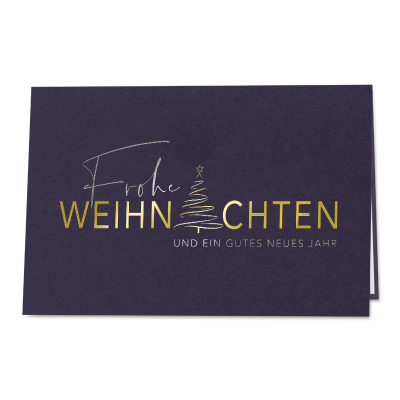 Blaue Firmen Weihnachtskarte mit Tannenbaum im Weihnachtsgruß | Silber- und Gold (865.036)