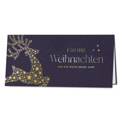 Firmen Weihnachtskarte mit goldenem Hirsch aus Sternen | Silber- und Goldfolie (865.037)