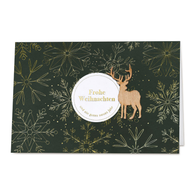 Firmen Weihnachtskarte mit Eiskristallen und aufgeklebtem Hirsch aus Holz | Gold (865.061)