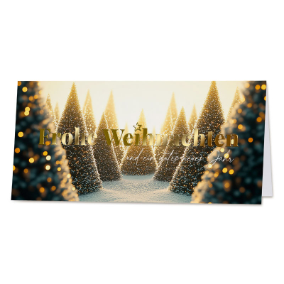 Firmen Weihnachtskarte mit Tannenbäumen im Lichterglanz | Goldfolie   (865.084)