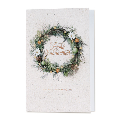 Firmen Weihnachtskarte in Naturpapierlook mit Weihnachtskranz | Kupferfolie (865.085)