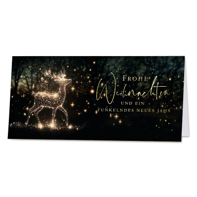 Firmen Weihnachtskarte mit Hirsch im Lichterglanz | Goldfolie (865.093)