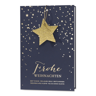 Weihnachtskarte für Unternehmen mit Sternanhänger im Schneetreiben (868.079)