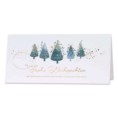 Weiße Firmen Weihnachtskarte mit Tannenbäumen im festlichlen Glanz  (869.026)