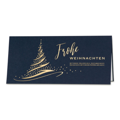 Geschäftliche blaue Weihnachtskarte mit Tannenbaum und Goldfolienprägung  (869.030)