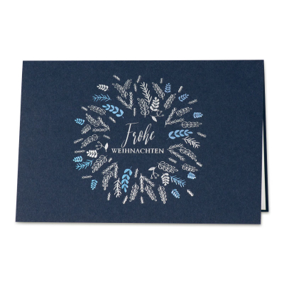 Geschäftliche blaue Weihnachtskarte mit Lorbeerkranz in Silber- und Blaufolie  (869.040)