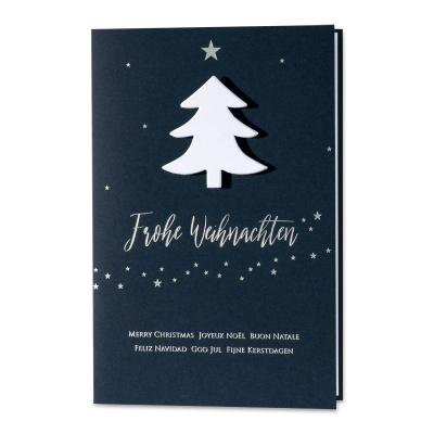 Geschäftliche dunkelblaue Weihnachtskarte mit Tannenbaum als Aufklebemotiv (869.049)