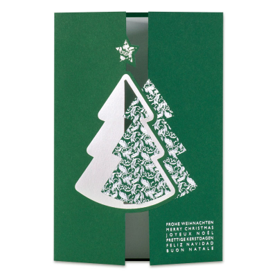 Grüne Firmen Weihnachtskarte mit Tannenbaum-Verschluß in Silberfolie (869.056)