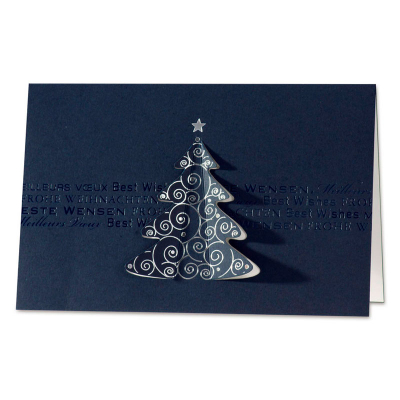 Dunkelblaue Karte mit gestanztem Weihnachtsbaum in Silberfolie (884.080)